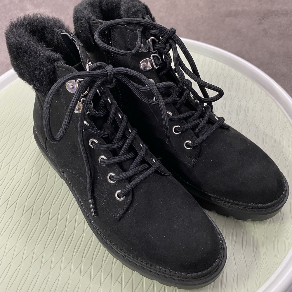 NWOT LC Lauren Conrad Houseleek Hiker Faux-Fur Ankle Boots sz.7 Combat Mem. Foam